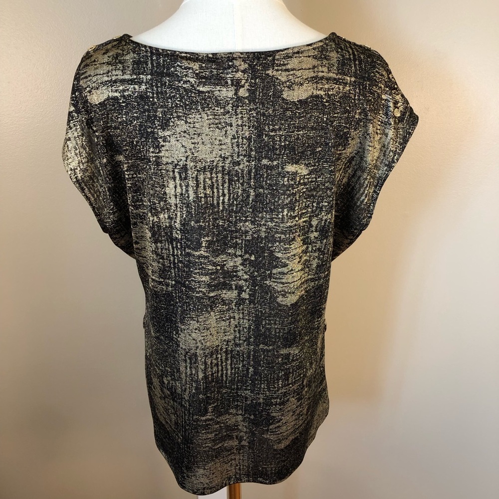 Calvin Klein Gold & Black Graphic Cap Sleeve Blouse with Side Ruche Size XL - Picture 2 of 9